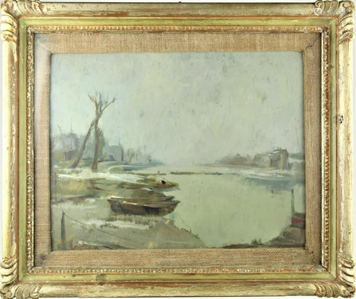 Harbor Scene, Oil on Board