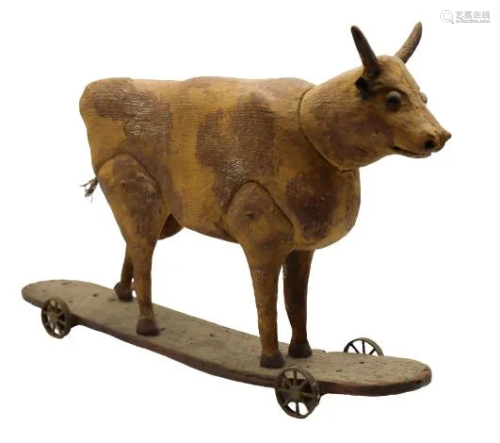 Early Americana Folk Carving of Bull on Wheels