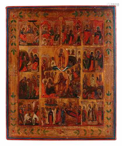 Ikone mit der Auferstehung Christi und den zwölf Hochfesten des orthodoxen Kirchenjahres