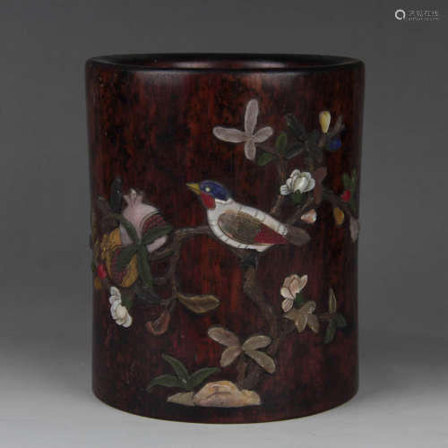 A Rosewood Bird-and-flower Brush Pot Inlaid with Gems