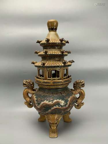 chinese sancai porcelain pogoda shaped censer