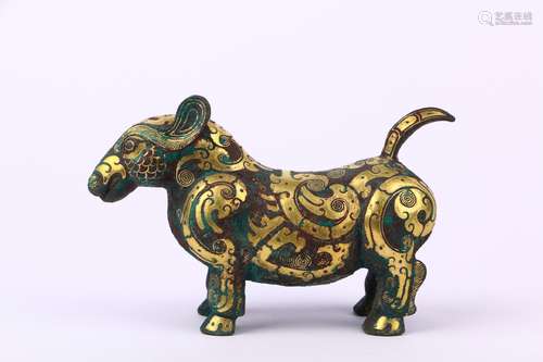 chinese gold-silver-inlaid bronze beast,han dynasty