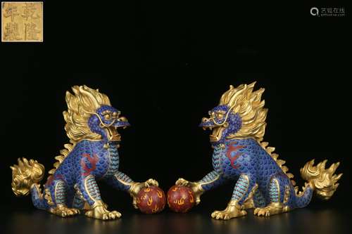 pair of chinese enamel gilt bronze qilin ornaments