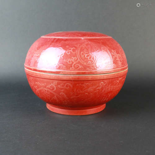 A Red Glazed Dragon Inscribed Porcelain Box