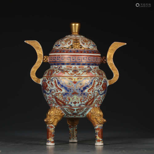 A Famille Rose Three-legged Porcelain Incense Burner