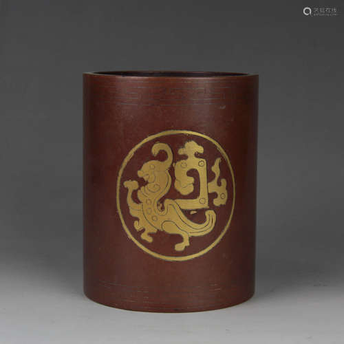 A Bronze Brush Pot Inlaid with Silver Gilding