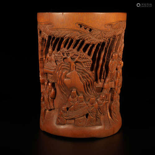 A Bamboo Carved Figures Brush Pot