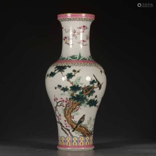 A Famille Rose Pine and Crane Porcelain Vase