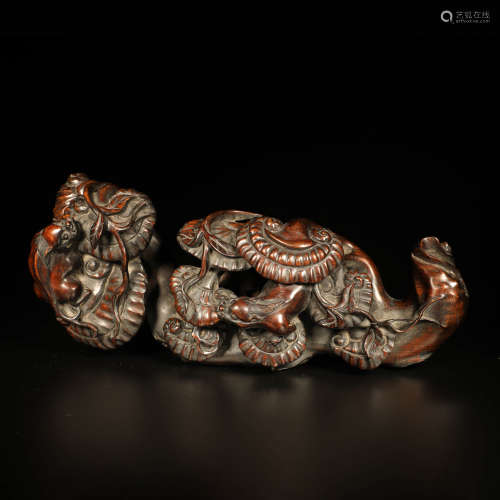 A Red Sandalwood Carved Beast and Lucid Ganoderma Ruyi