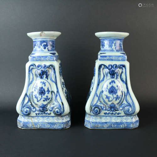 A Pair of Blue and White Squared Porcelain Candlesticks