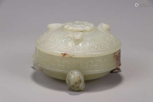 CHINESE CARVED HETIAN JADE DRAGON CONTAINNER W/ COVER
