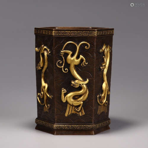 QIANLONG MARK, CHINESE GILT DRAGON BRUSHPOT