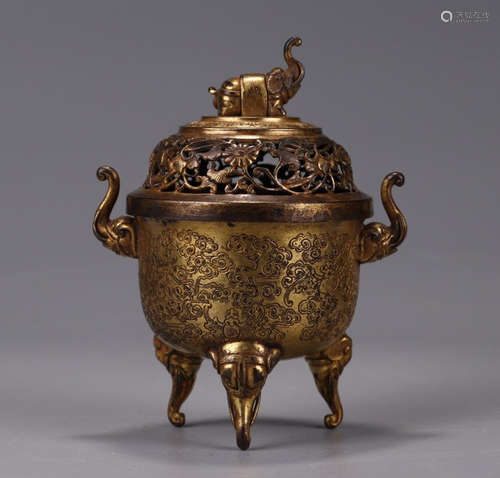 CHINESE GILT BRONZE TRIPOD CENSER