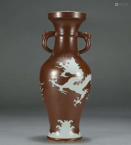 JIAJING MARK, CHINESE BROWN GLAZED DRAGON VASE