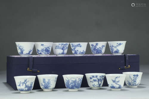 KANGXI MARK, SET OF CHINESE BLUE & WHITE CUP