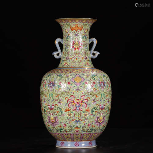 QIANLONG MARK, CHINESE GREEN-GROUND GILT FAMILLE ROSE VASE