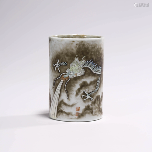 AN INK GLAZED DRAGON BRUSH POT