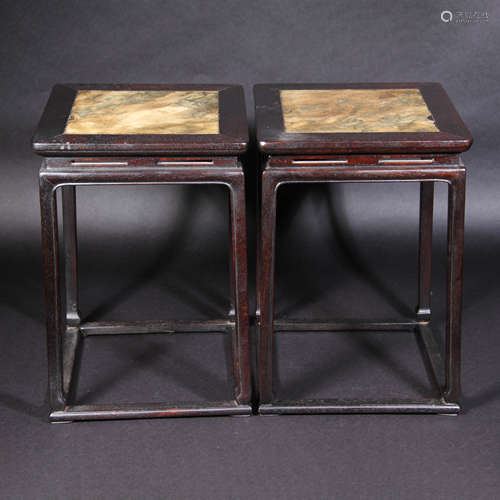 A Pair of Marble Inlaid Red Sandalwood Flower stand