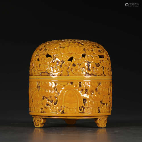 A Lemon Yellow Piercing Eight Treasure Patern Porcelain Incense Burner