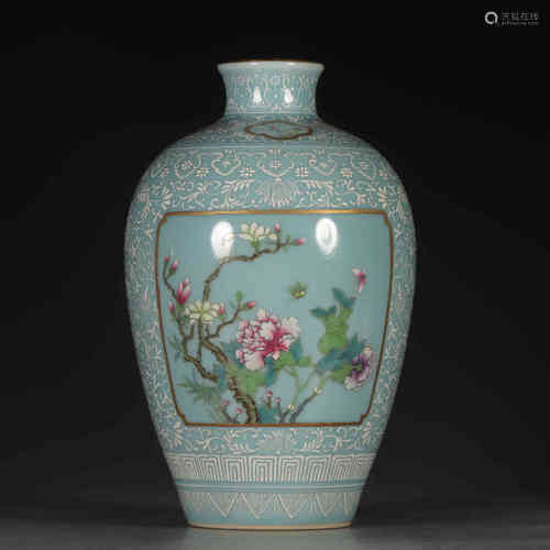 A Famille Rose Azure Glaze Floral Porcelain Vase