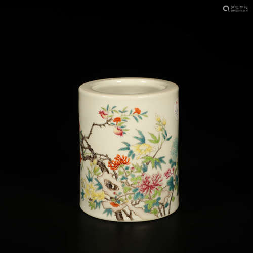 A Famille Rose Floral Porcelain Brush Pot