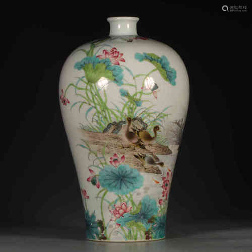 A Famille Rose Lotus Pond Painted Porcelain Plum Vase