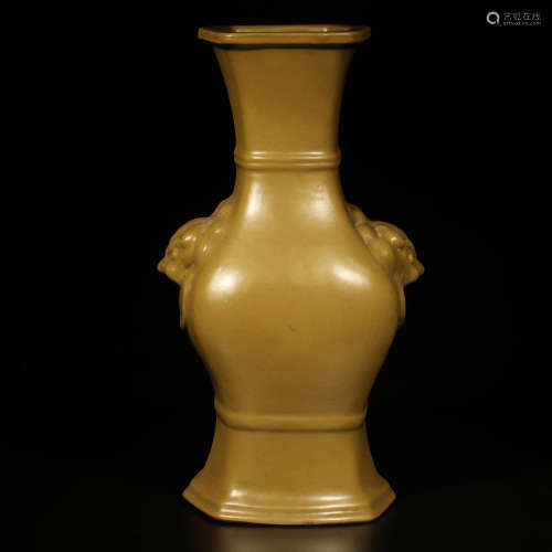 A Tea Dust Glaze Double Lion Ears Porcelain Hexagon Vase