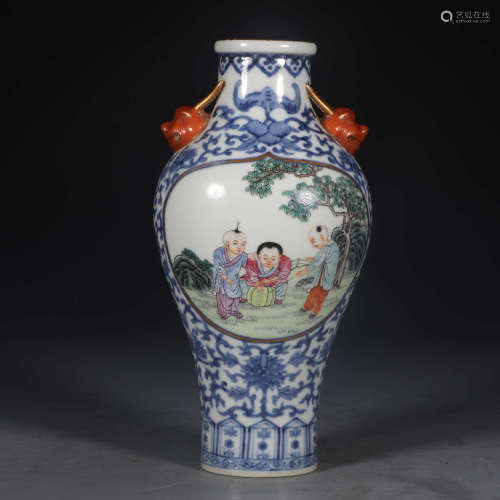 A Blue and White ‘children at play’ Painted Floral Porcelain Double Ears Vase