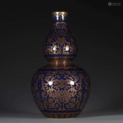 An Altar Blue Glaze Gild Floral Porcelain Gourd-shaped Vase