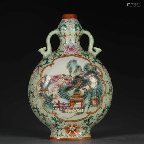 A Green Ground Floral Character Story Painted Porcelain Ruyi Ears Oblate Vase