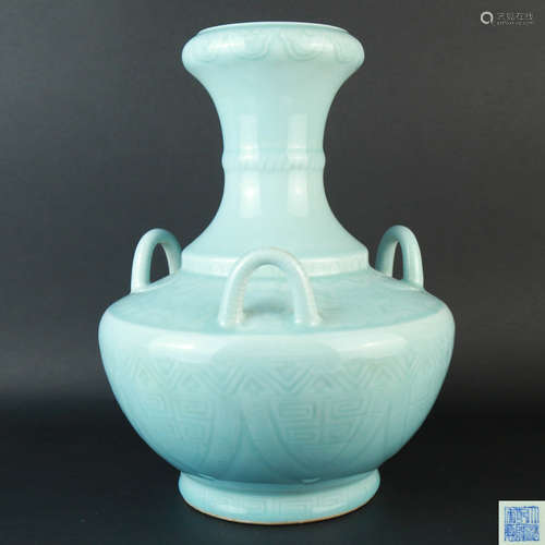 A Skyblue Glaze Carved Porcelain Four-line Vase