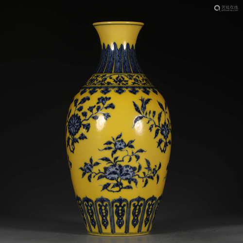 A Lemon Yellow Blue and White Floral Porcelain Vase