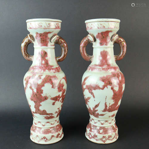 A Pair of Underglazed Red Double Ears Porcelain Vases