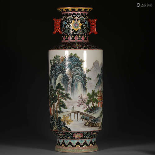 A Famille Rose Landscape Pattern Porcelain Double Ears Vase