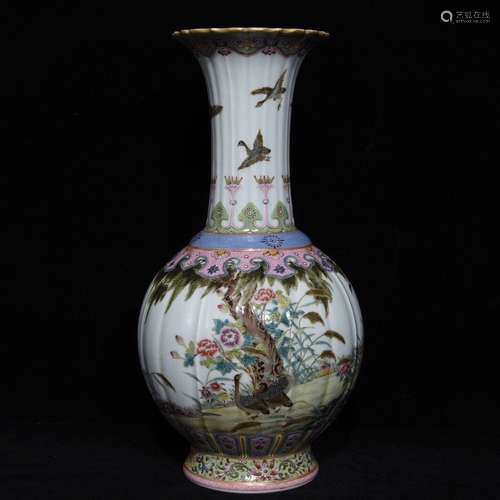 A Famille Rose Wild Duck Painted Porcelain Melon-shaped Vase