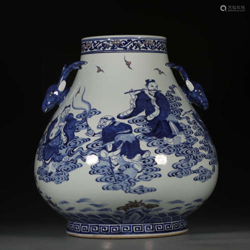 A Blue and White Eight Immortals Painted Porcelain Double Ears Zun