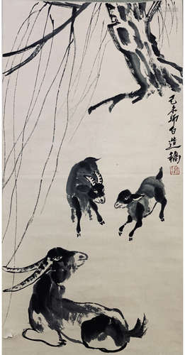 A Chinese Sheep Painting, Lou Shibai Mark