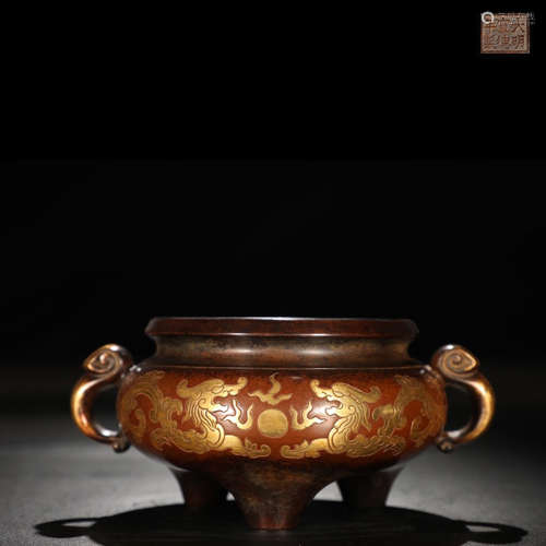 A Gild Bronze Dragon Pattern Double Ruyi Ears Three-legged Censer