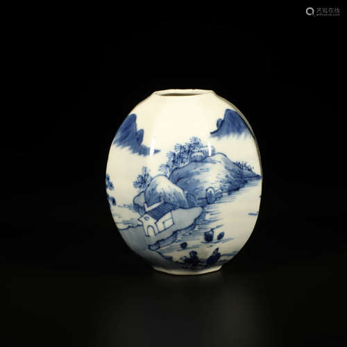 A Blue and White Landscape Painted Porcelain Octagonal Water Pot