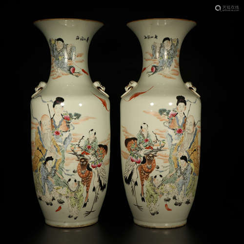 A Pair of Famille Rose Figures Painted Porcelain Vase