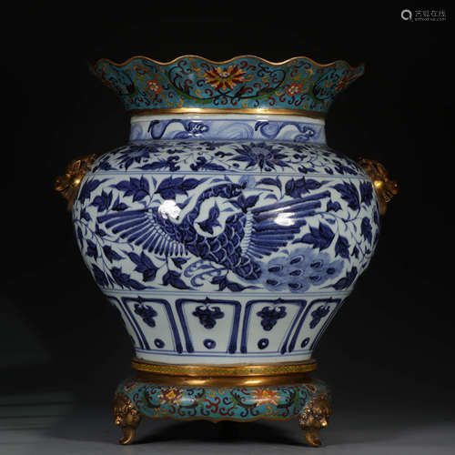 A Blue and White Cloisonne Phoenix Pattern Porcelain Double Ears Jar