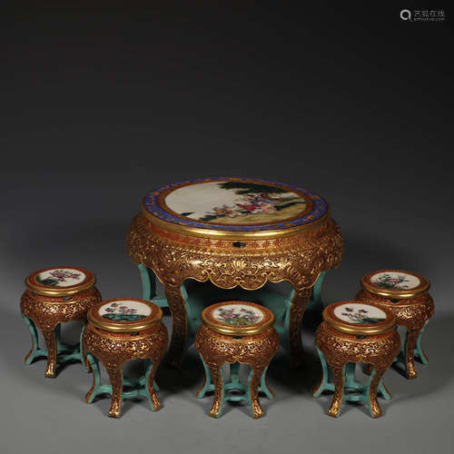 A Set of Enamel Gild Character Story Pattern Tabel and Stools, 6pcs