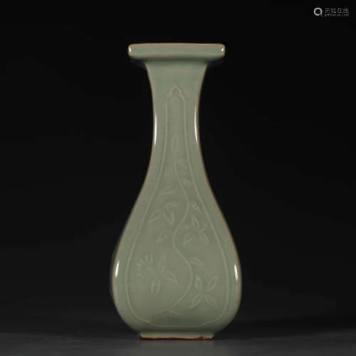 A Longquan Kiln Floral Carved Porcelain Square Vase