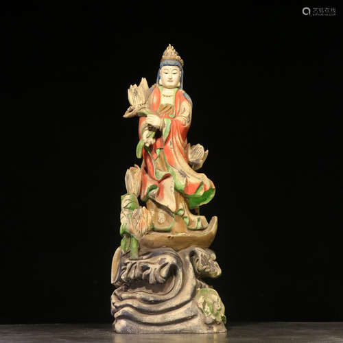 A Hand Engraving Nan Wood Colorful Guanyin Statue