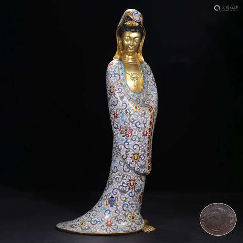 A Gild Bronze Cloisonne Enamel Guanyin Standing Statue