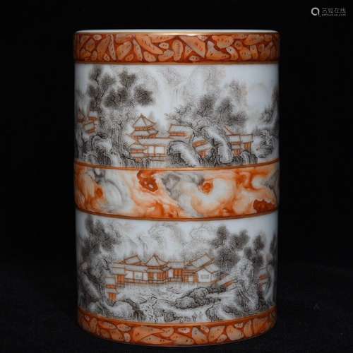 A Stone Grain Glaze Grisaille Landscape Pavilion Pattern Porcelain Brush Pot