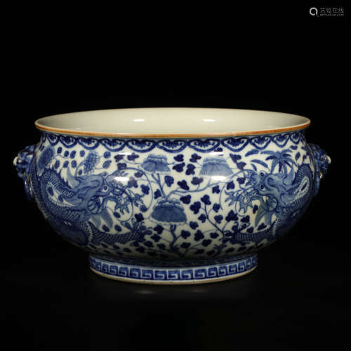 A Blue and White Floral Dragon Pattern Porcelain Double Ears Incense Burner