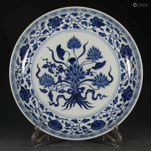 A Blue and White Lotus Pattern Porcelain Plate