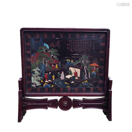 A Landscape and Figures Pattern Lacquerware Table Screen