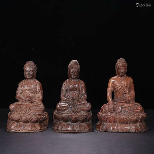 3pcs Bamboo Carved Buddha Statues